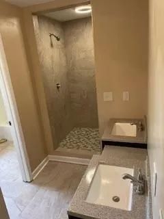 A bathroom with a sink and a walk in shower.