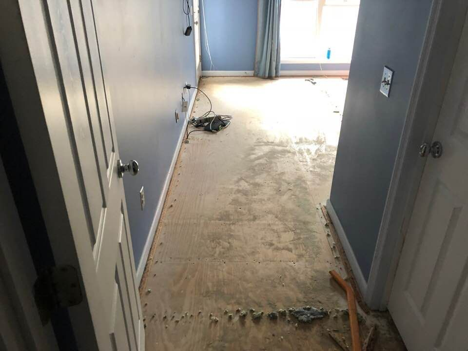 A room with a carpeted floor and a doorway leading to a window.