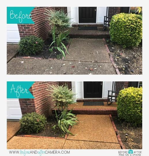A before and after photo of a concrete walkway in front of a house.
