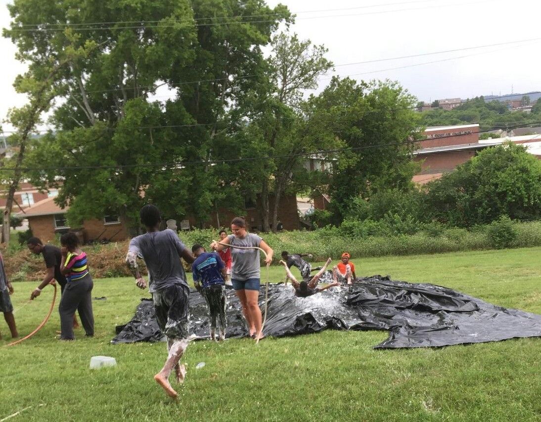 Steph and kids, slip-n-slide