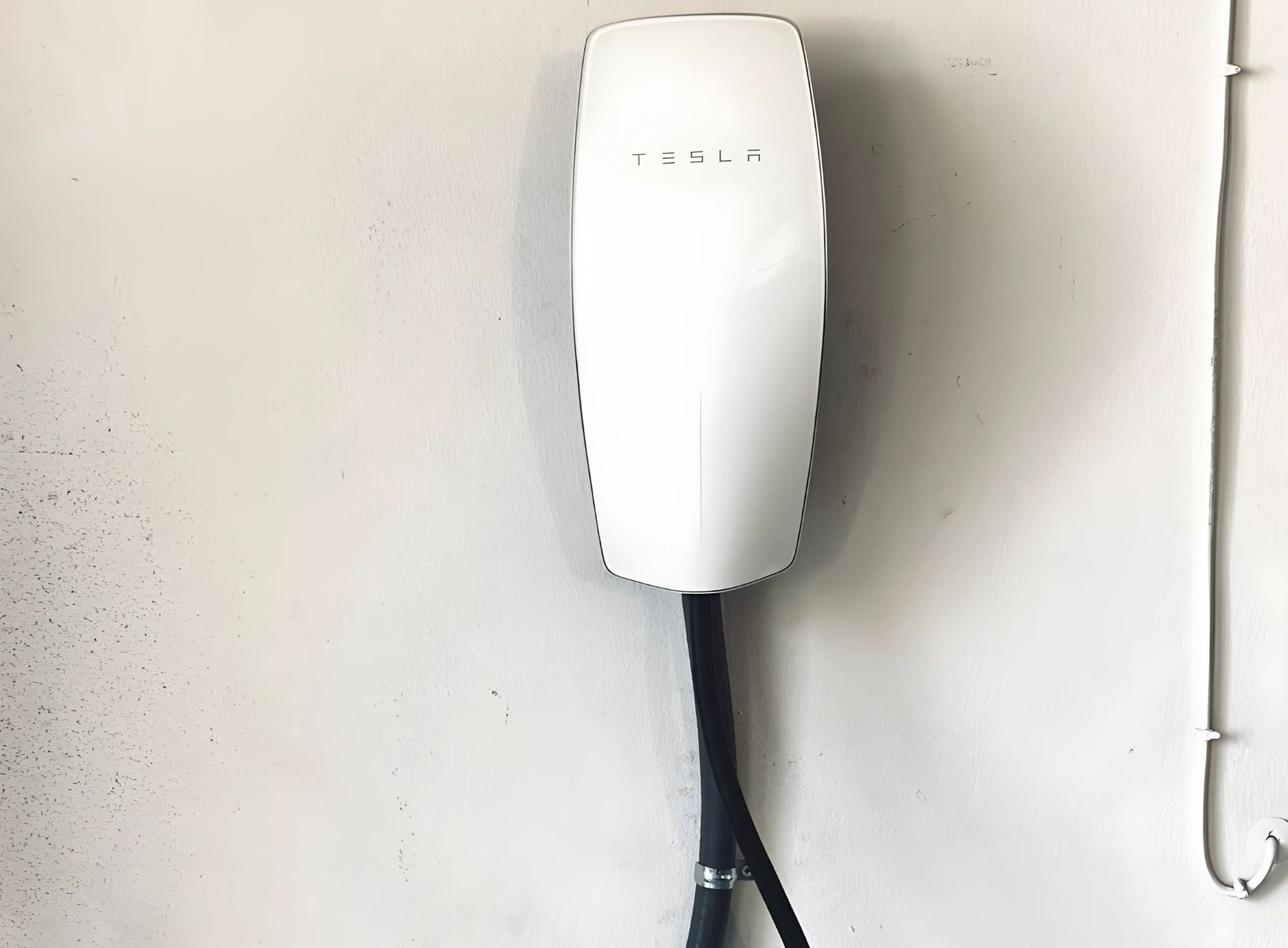 White Tesla charger mounted on a beige wall with a black cable and plug visible.