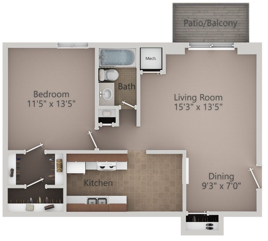 Floor plan of an apartment with a bedroom, living room, kitchen, dining area, bathroom, and patio.
