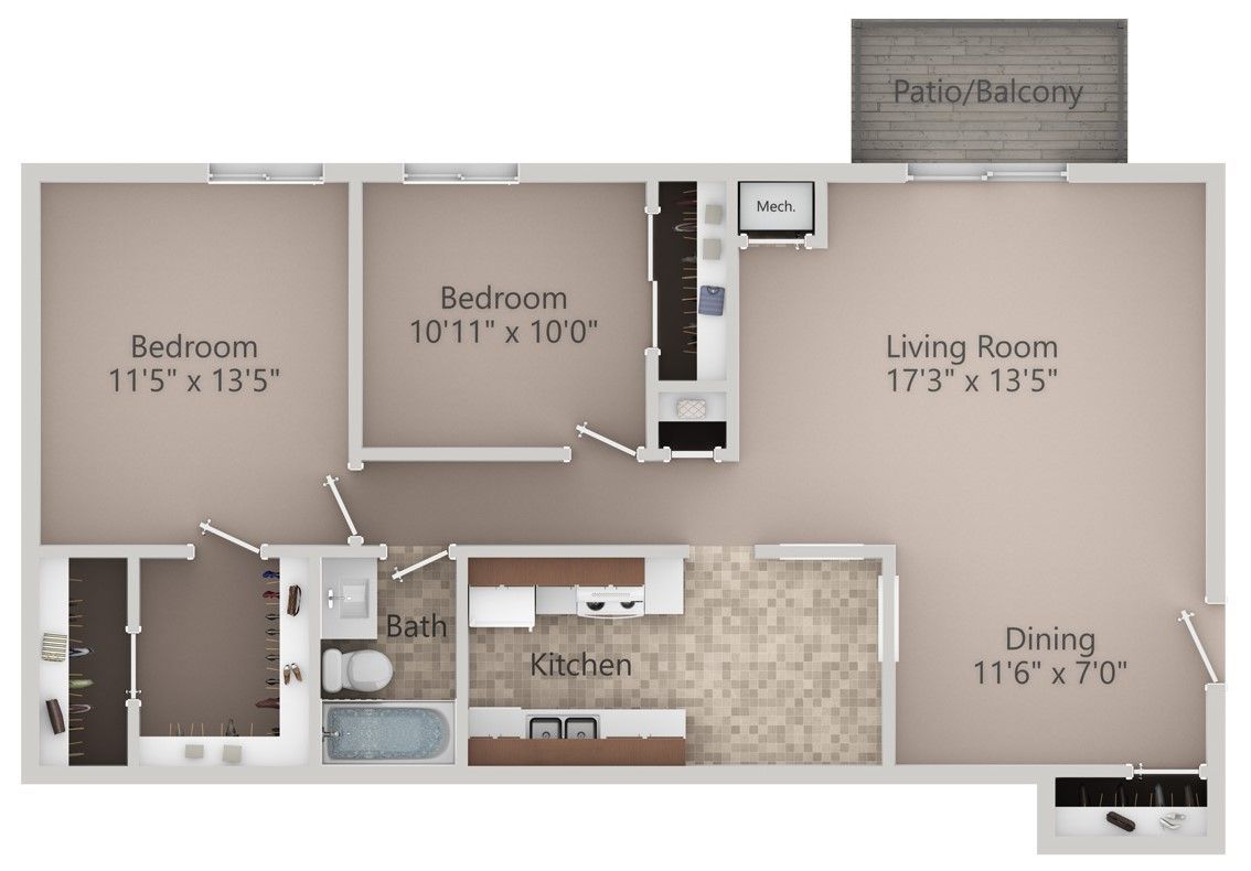 Floor plan of a two-bedroom apartment. Includes bedrooms, living room, kitchen, dining, and patio/balcony.