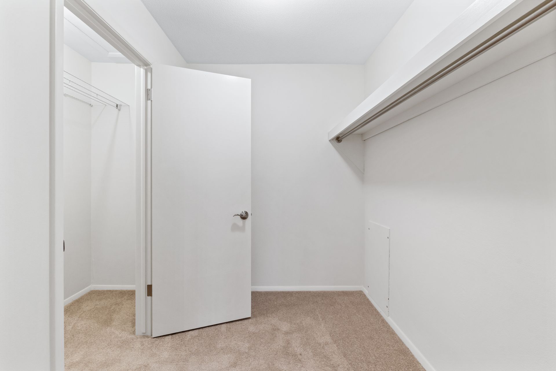 Empty walk-in closet with a doorway and a partially open door, white walls, carpeted floor, and a hanging rod.