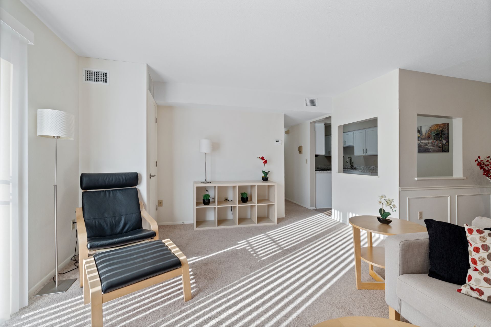 Bright living room with natural light, light carpet, modern furniture: chair, table, couch, shelving.