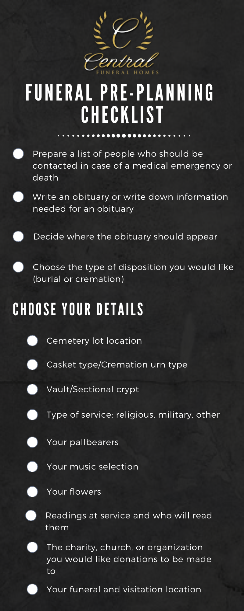 Funeral PrePlanning Checklist Central Funeral Homes