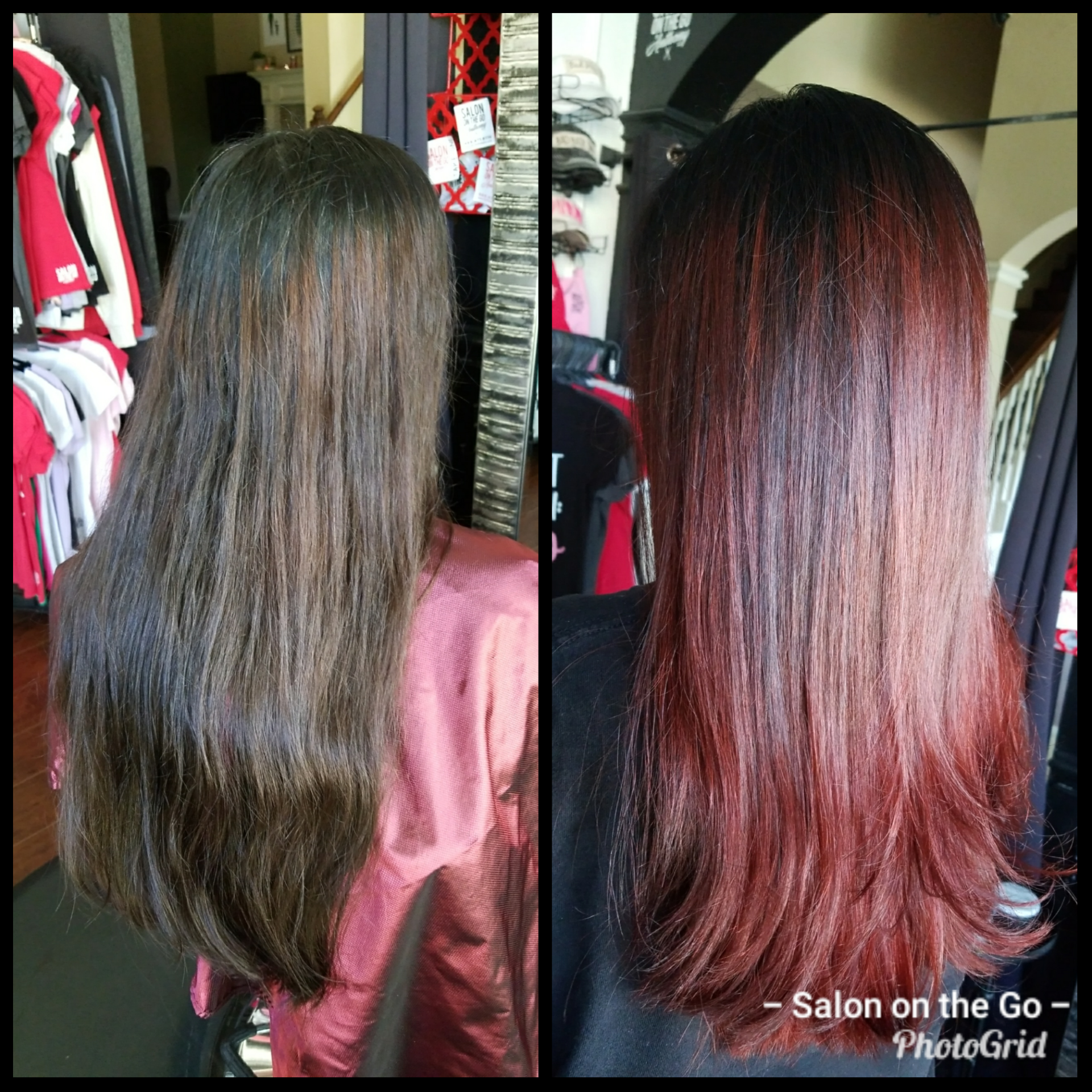 A before and after photo of a woman 's hair at salon on the go