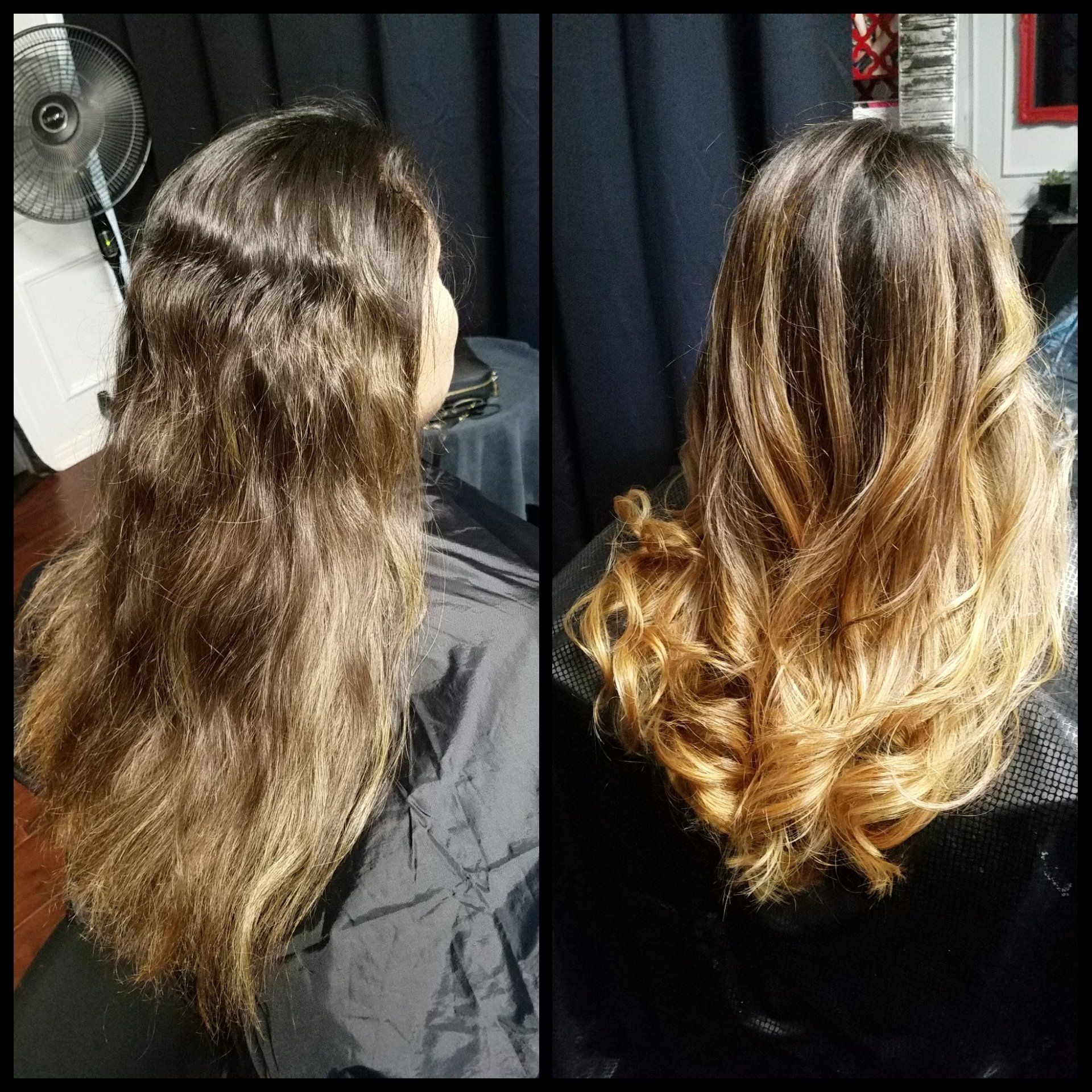 A before and after photo of a woman 's hair in a salon.