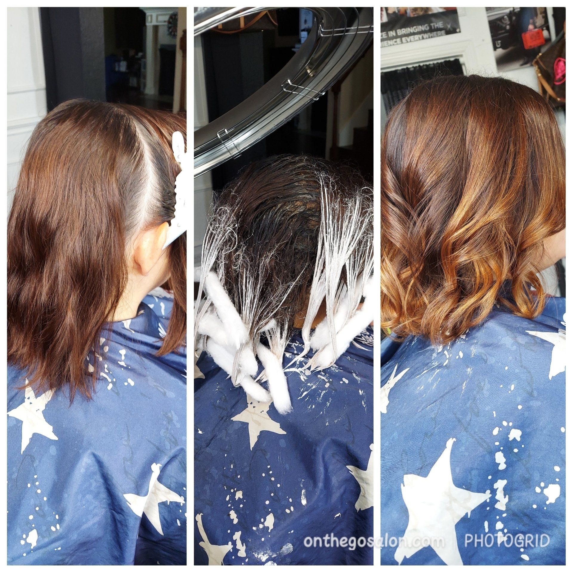 A woman is getting her hair dyed in a salon