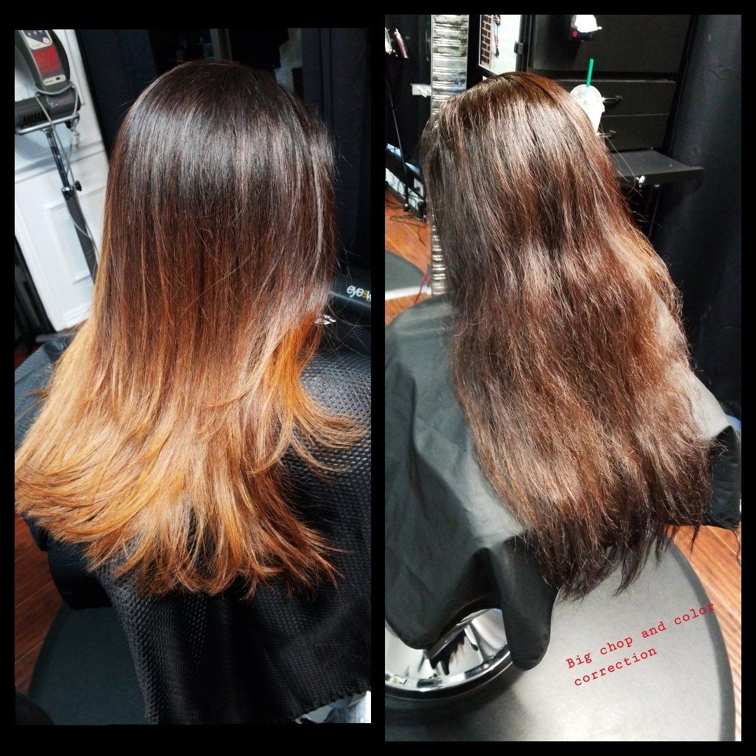 A before and after photo of a woman 's hair