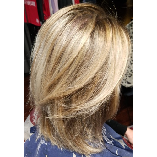 The back of a woman 's blonde hair is shown.