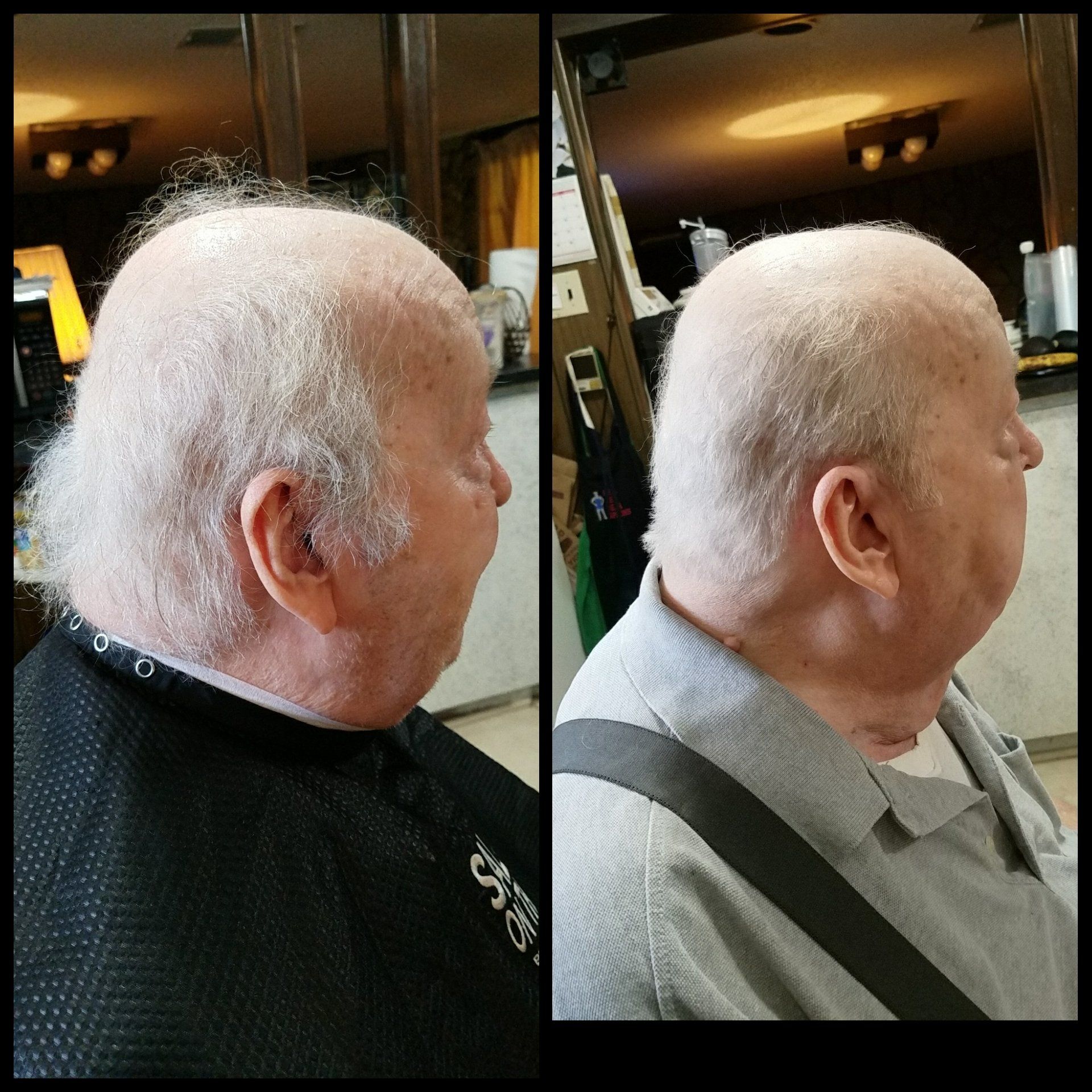 Two pictures of an older man getting his hair cut