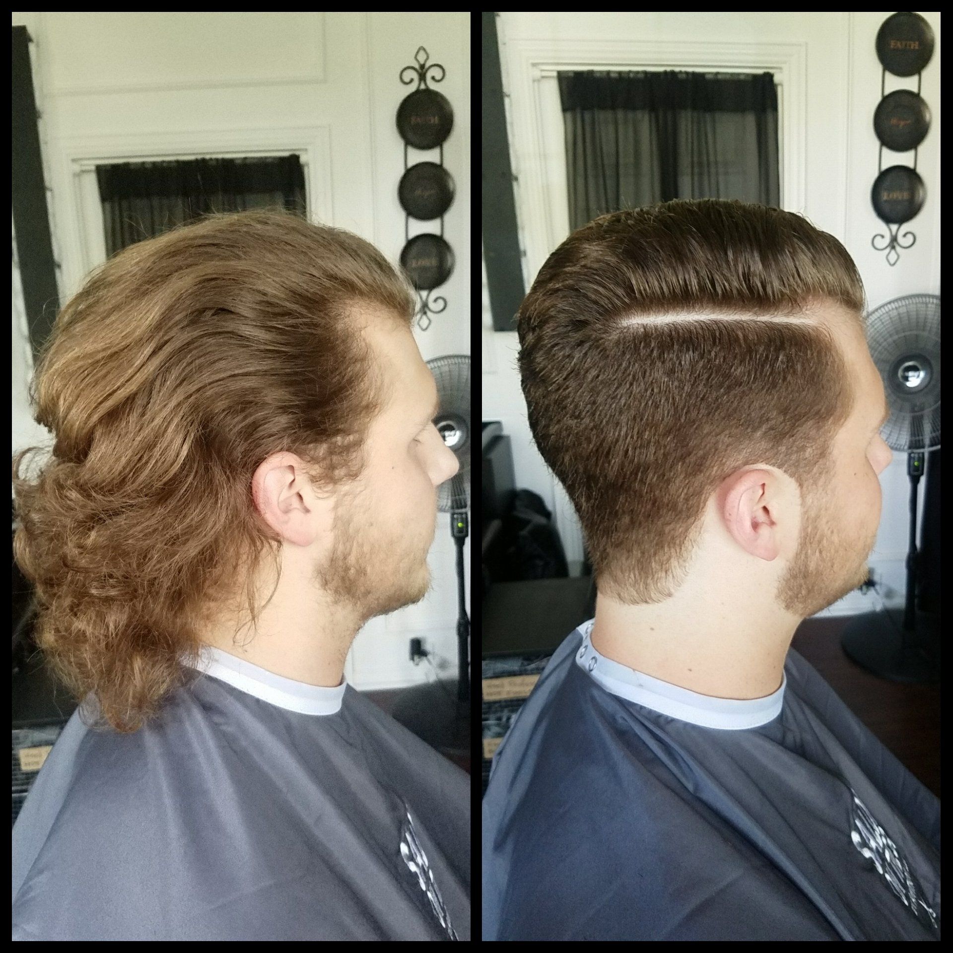 A before and after photo of a man getting his hair cut