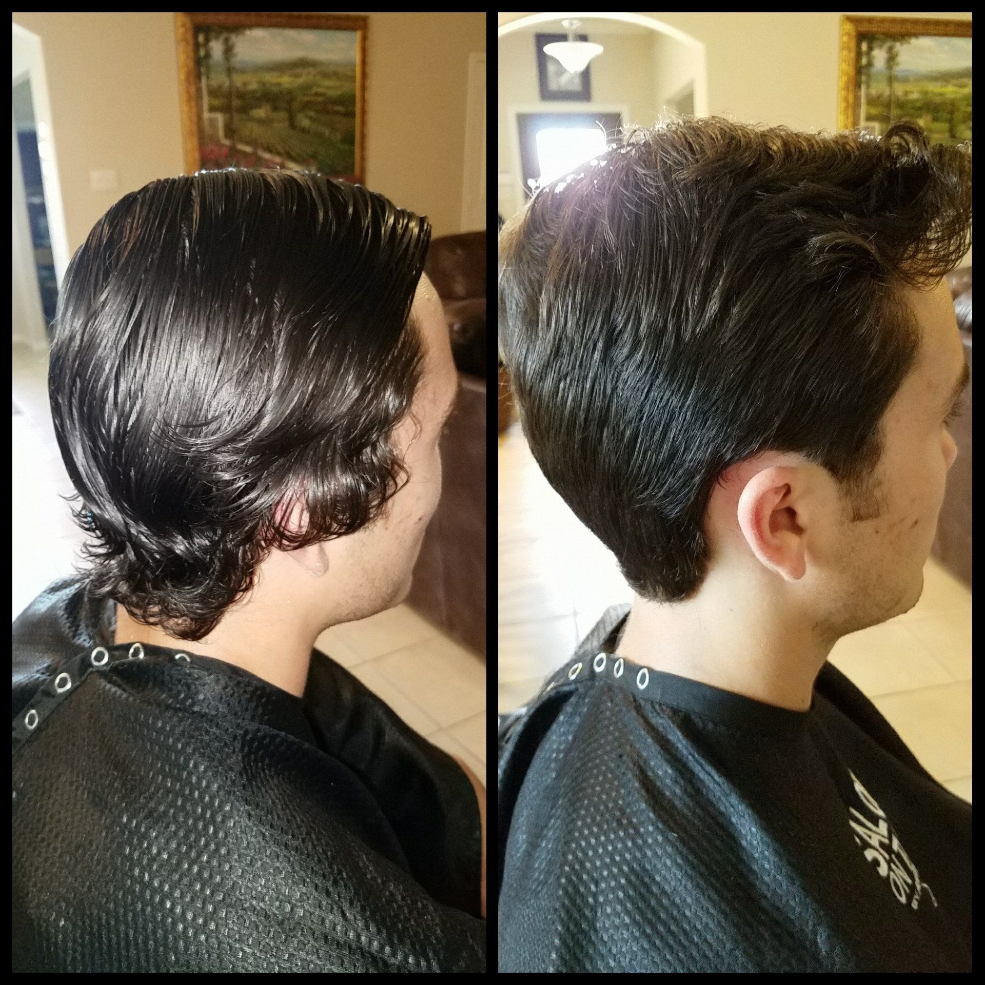 A before and after picture of a man getting his hair cut.