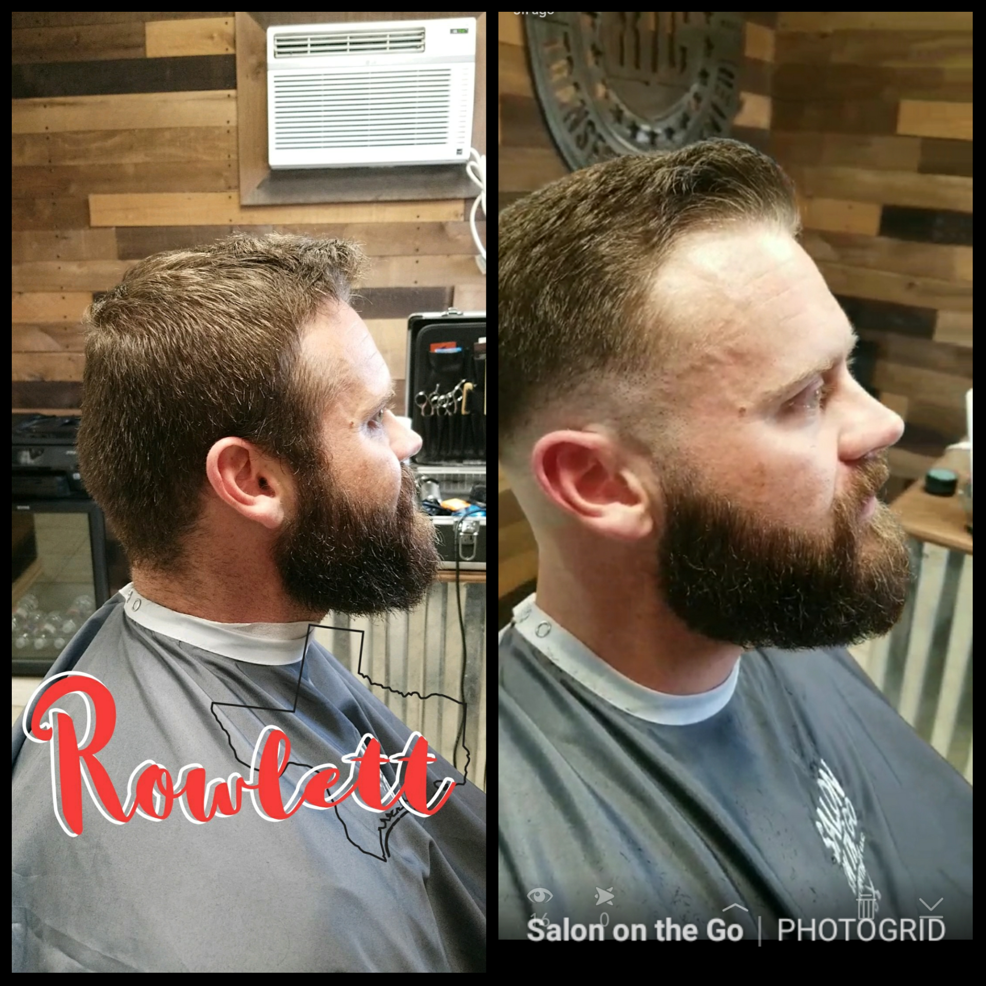 A man with a beard is getting his hair cut at a barber shop.