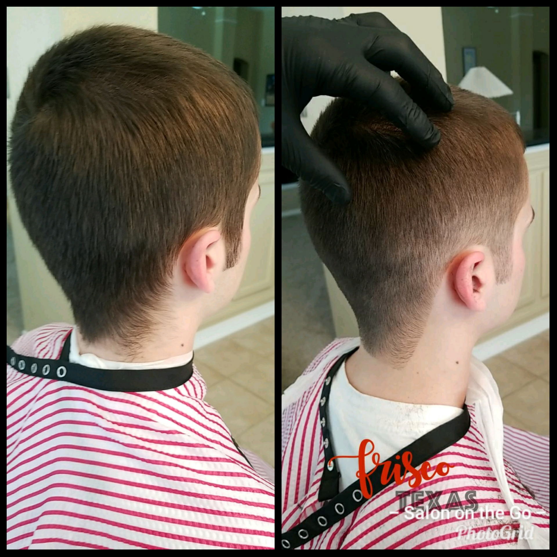 A young boy is getting his hair cut by a barber