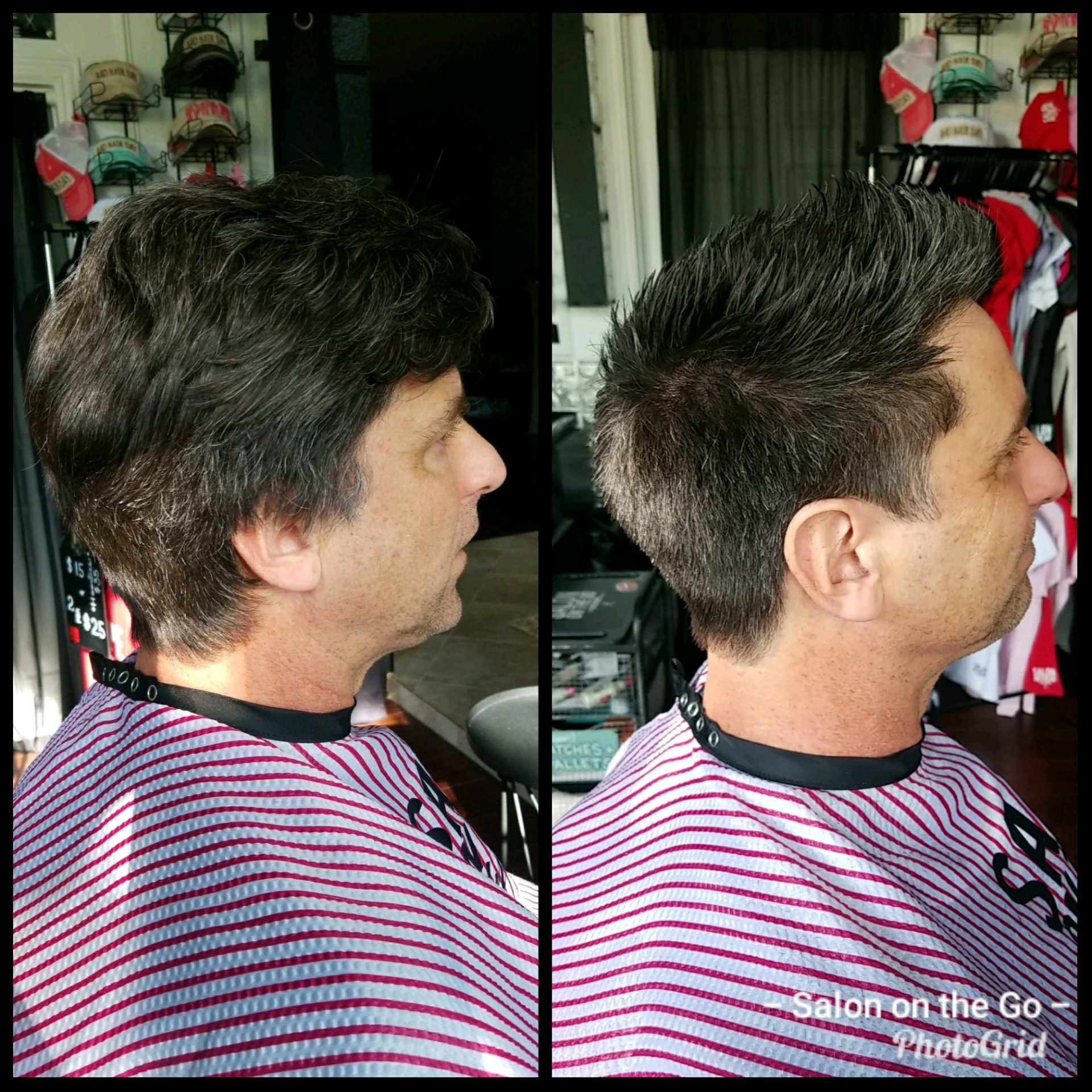 A man is getting his hair cut at a salon on the go.