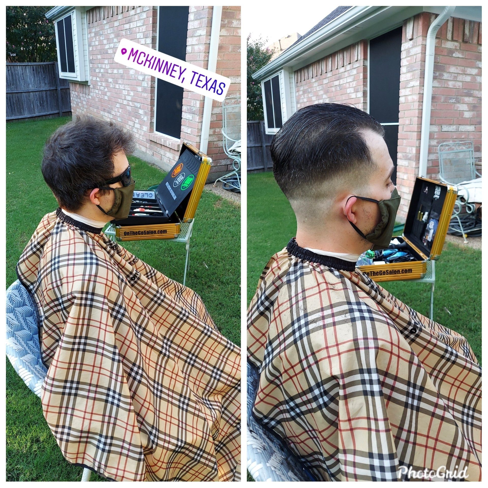 A man wearing a plaid cape is getting his hair cut outside.