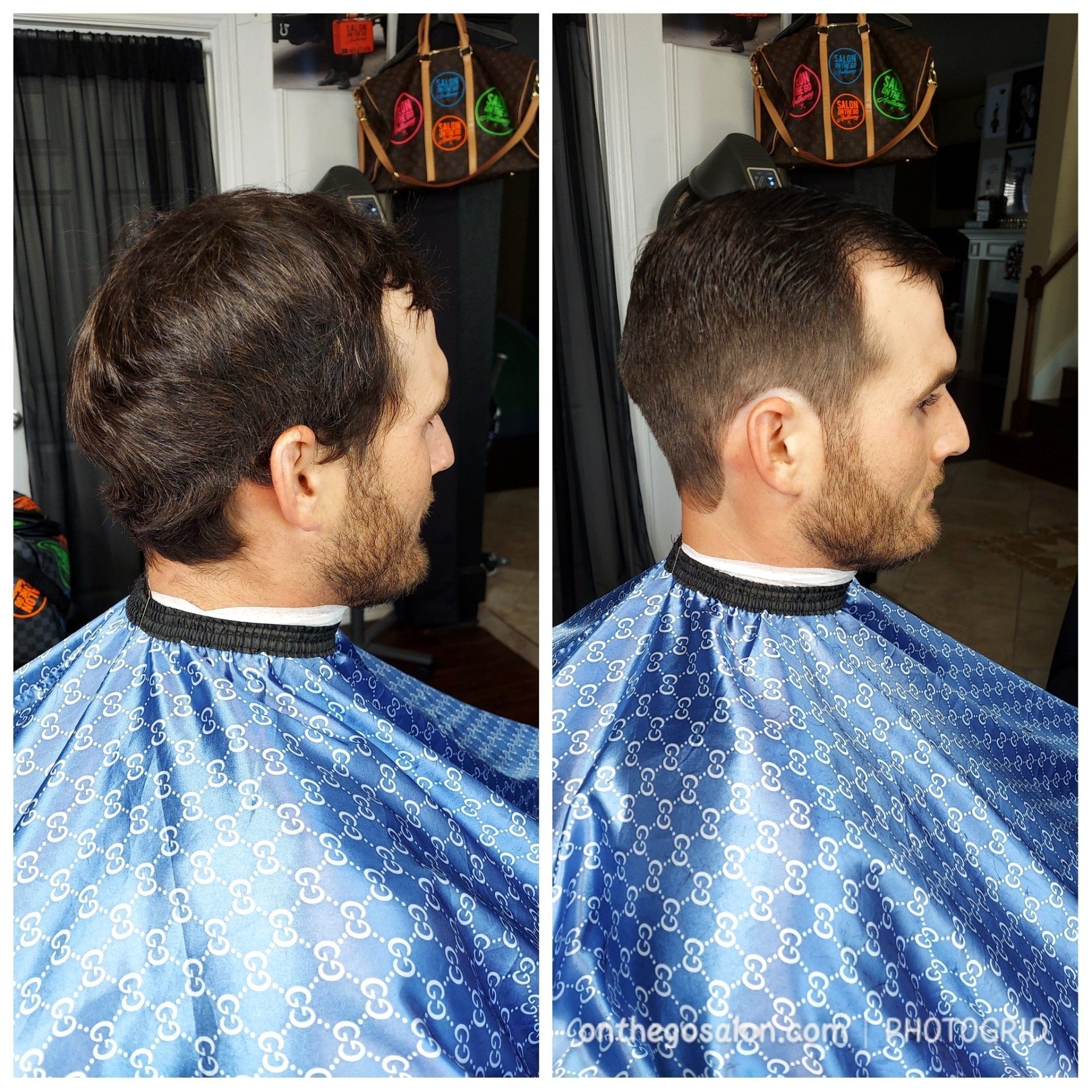 A man getting his hair cut with a blue cape