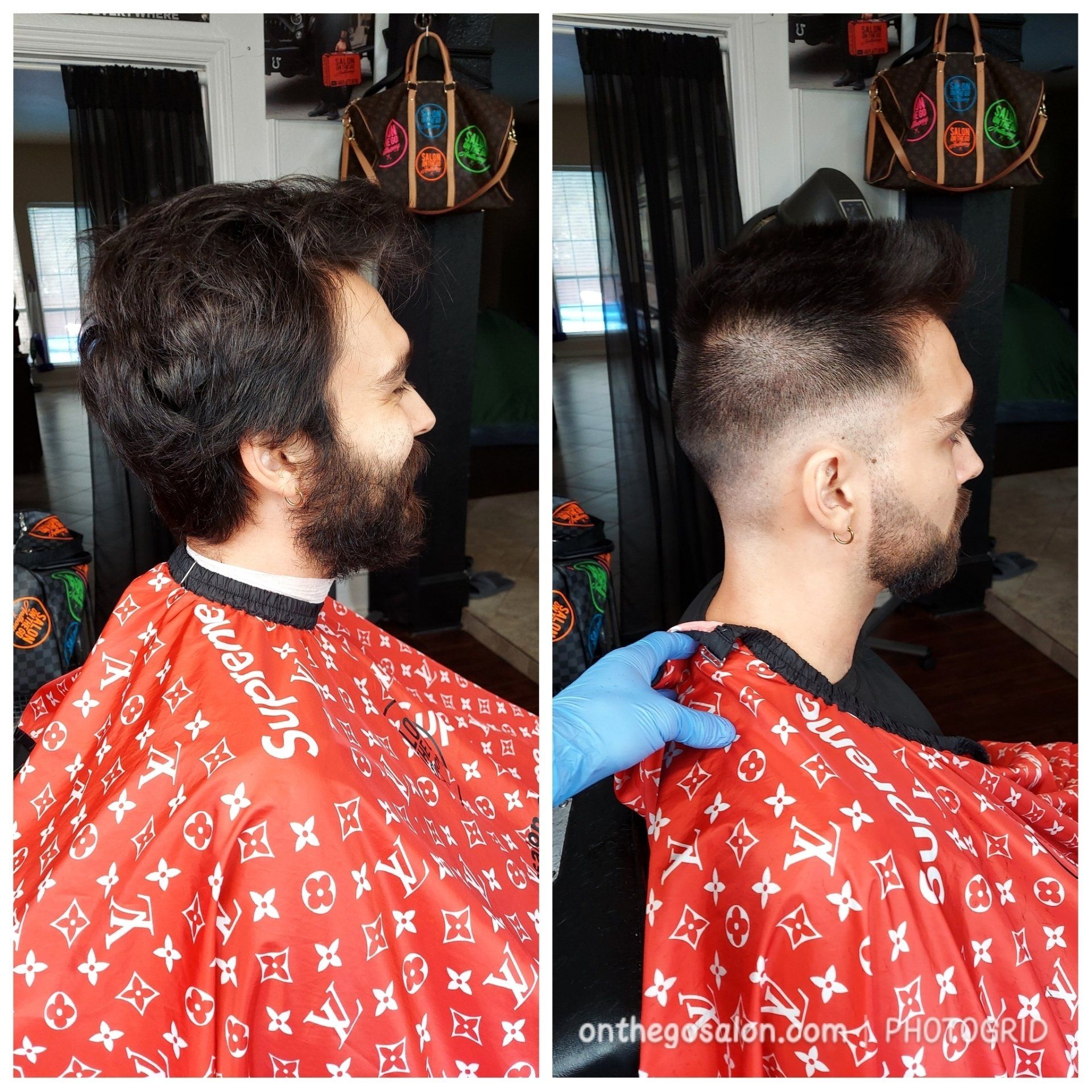 A man is getting his hair cut by a barber wearing a supreme cape