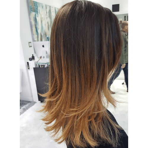 A woman with long brown hair is standing in a salon.