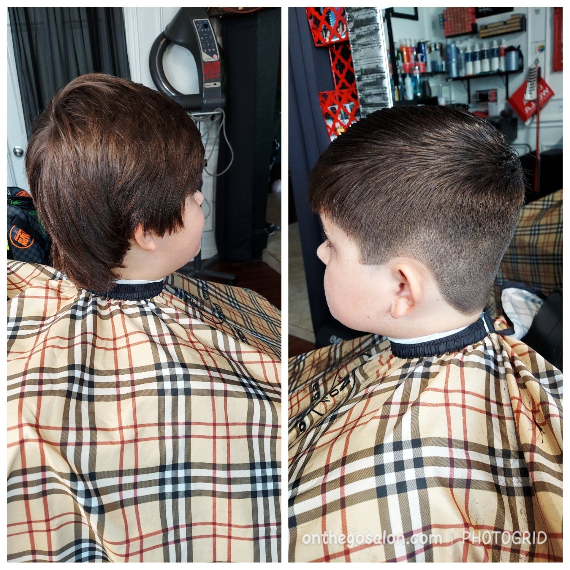 A young boy is getting his hair cut in a barber shop