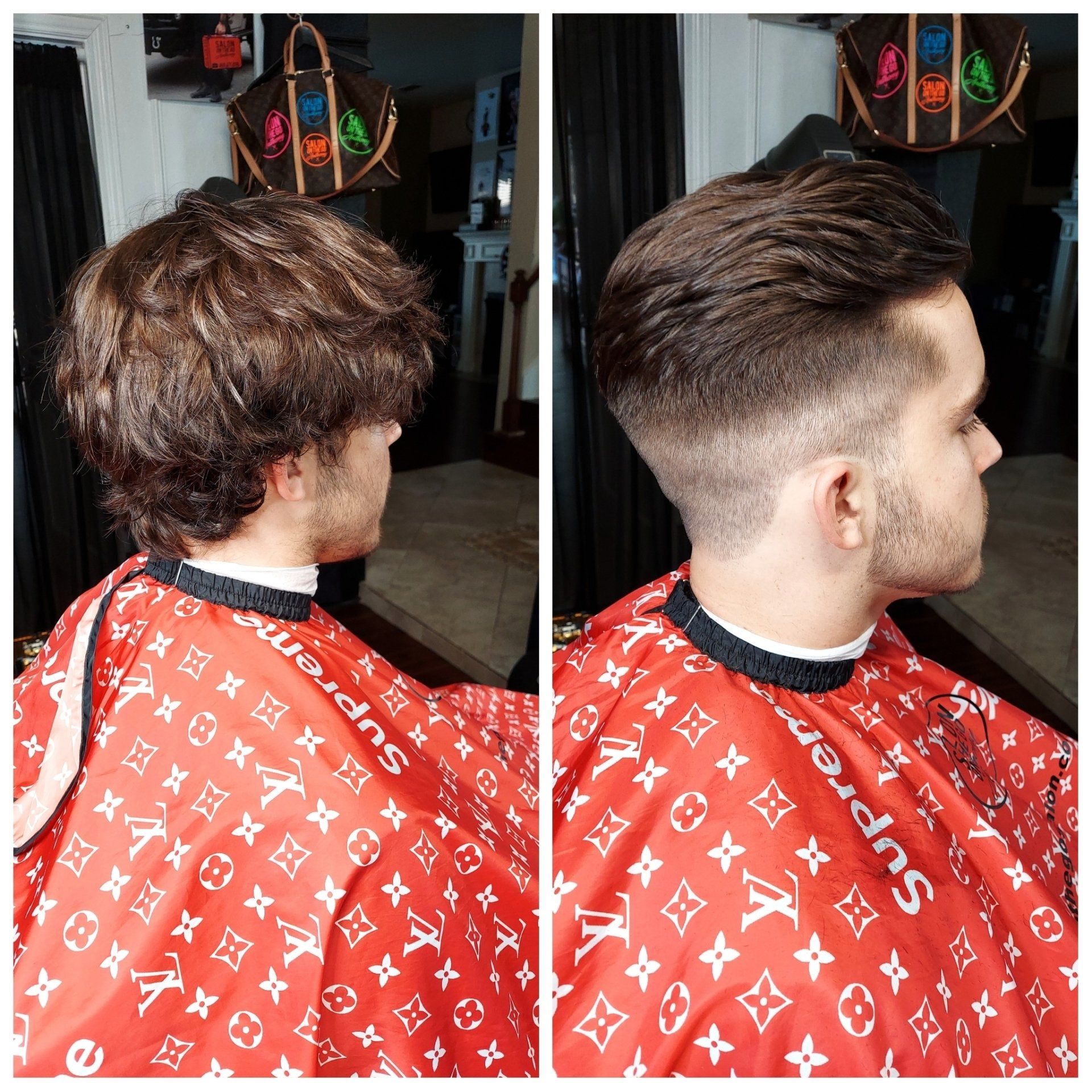 A man is getting his hair cut by a barber wearing a supreme cape