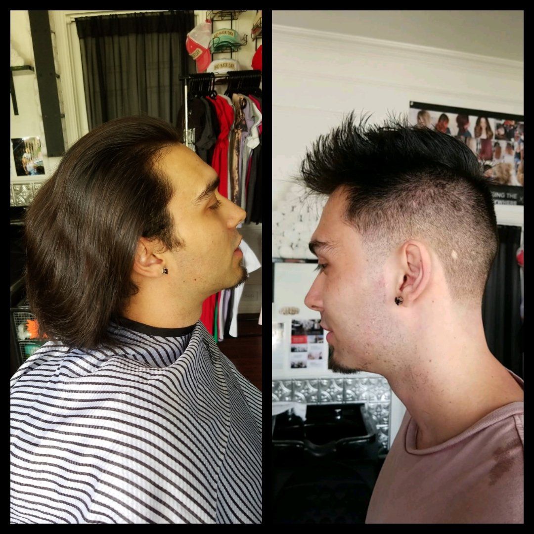 Two pictures of a man getting his hair cut