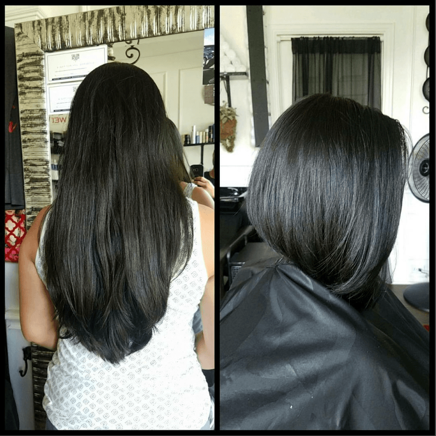 A before and after photo of a woman getting her hair cut