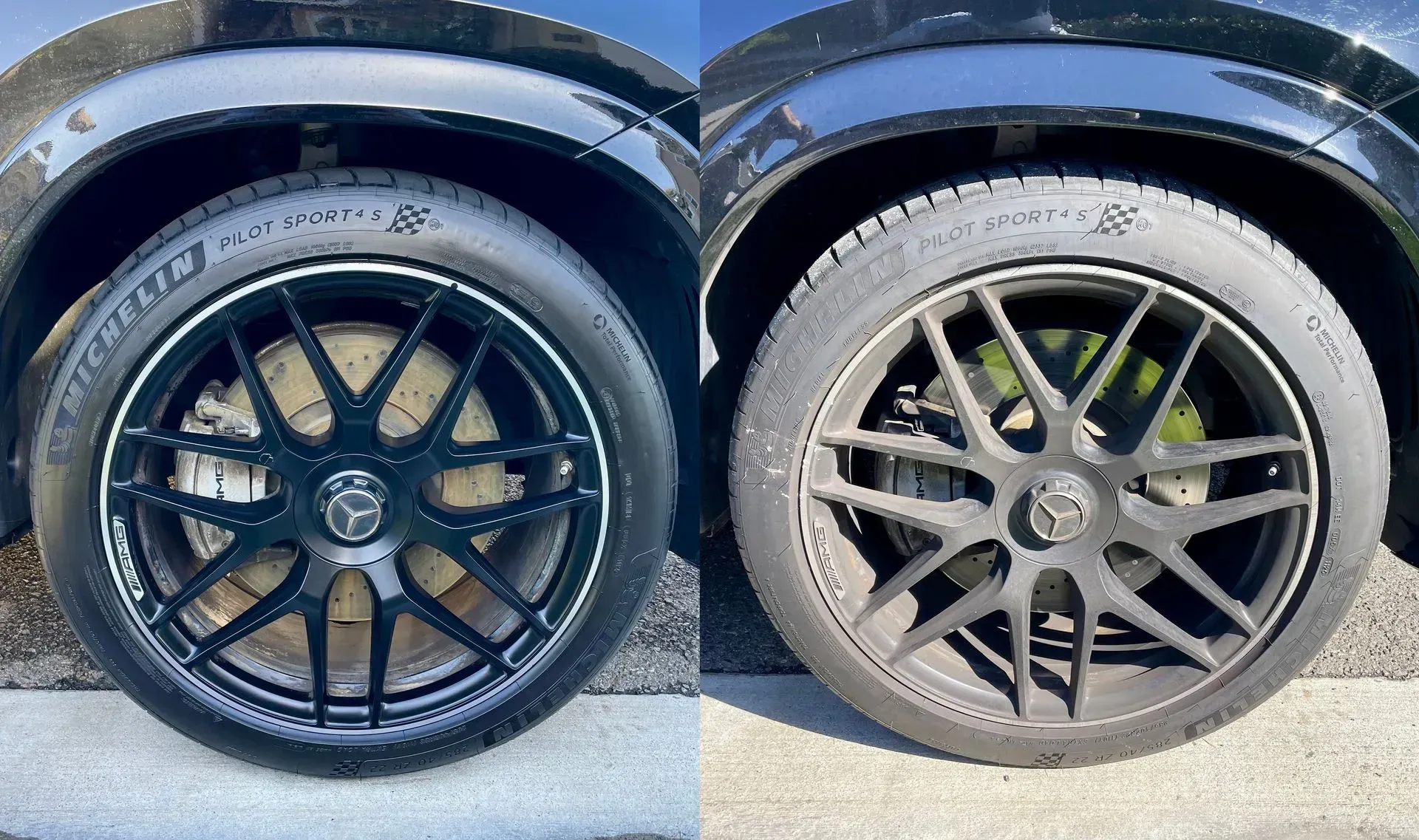 A side-by-side comparison of a clean, glossy black car wheel and a dull, brake-dust-covered matching wheel.