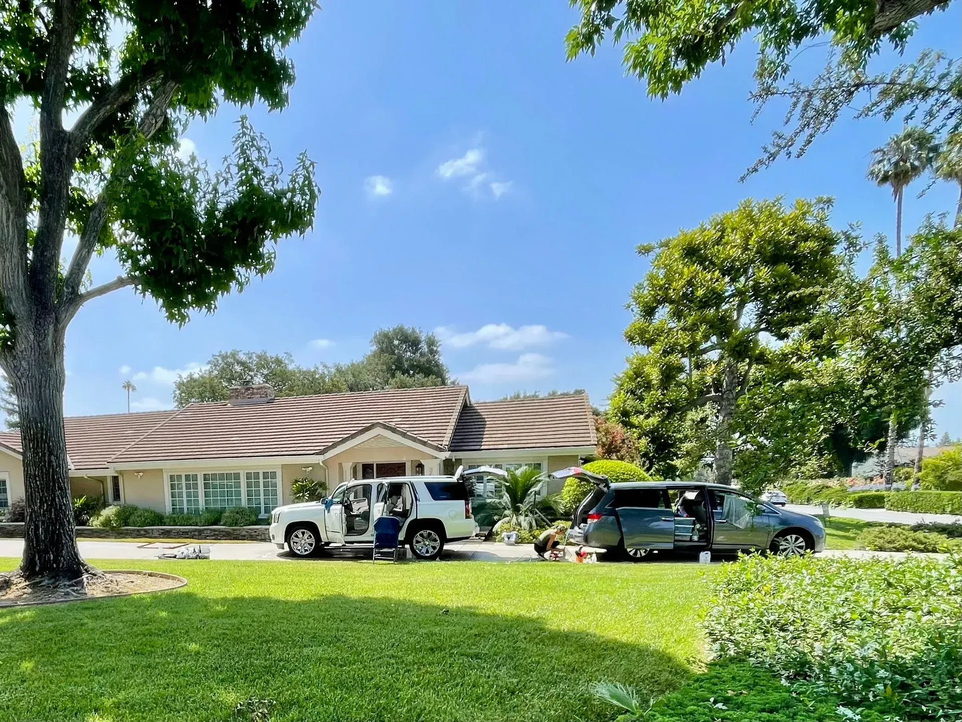 Two vehicles parked in the driveway of a suburban house on a sunny day with green lawns and trees.