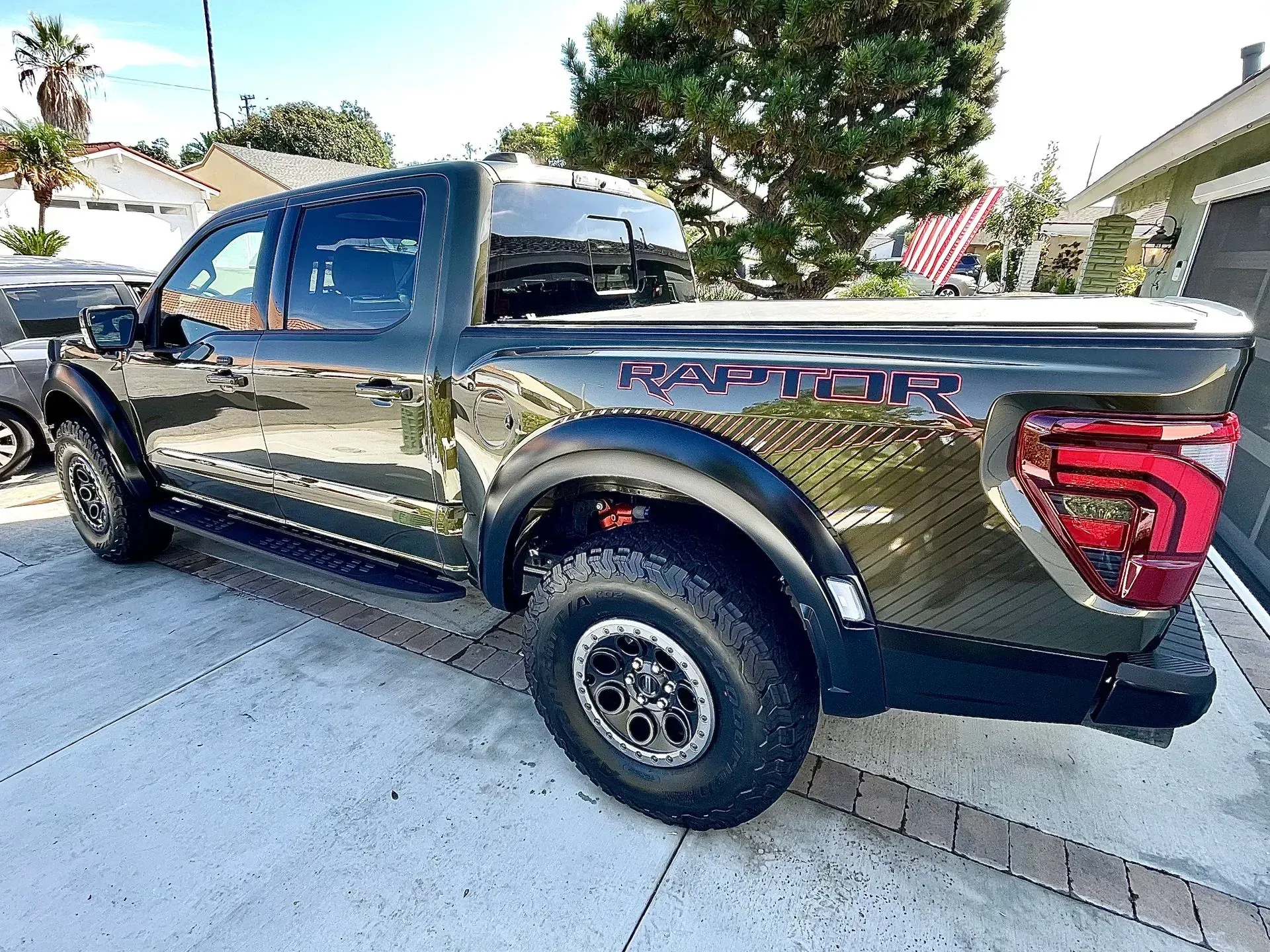 Dark green Ford Raptor pickup truck parked in a residential driveway on a sunny day.