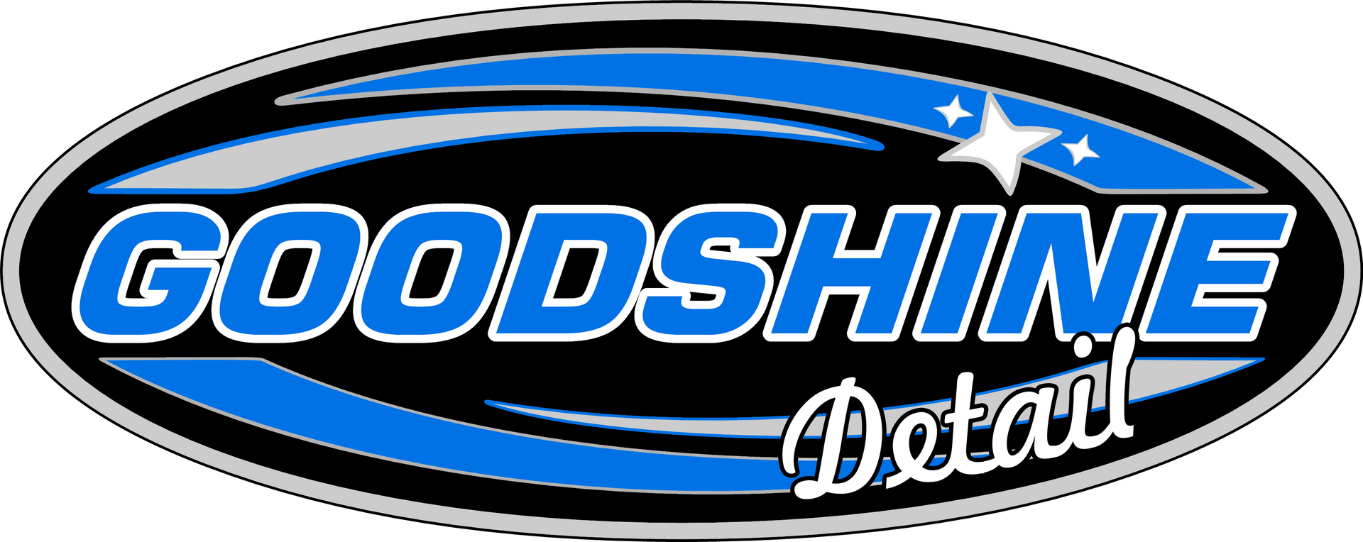 A black oval logo with blue swoosh accents, reading 