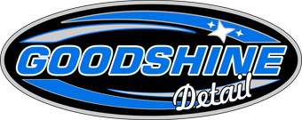 A black oval logo with blue swoosh accents, reading