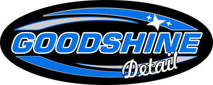 GoodShine Detail Business Logo. blue and gray swooshes surround the word GOODSHINE in blue and a cursive text is used for the word DETAIL
