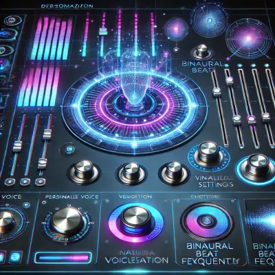 Futuristic recording console with glowing controls, symbolizing the customization of AI-personalized affirmation, meditation, and visualization tracks.