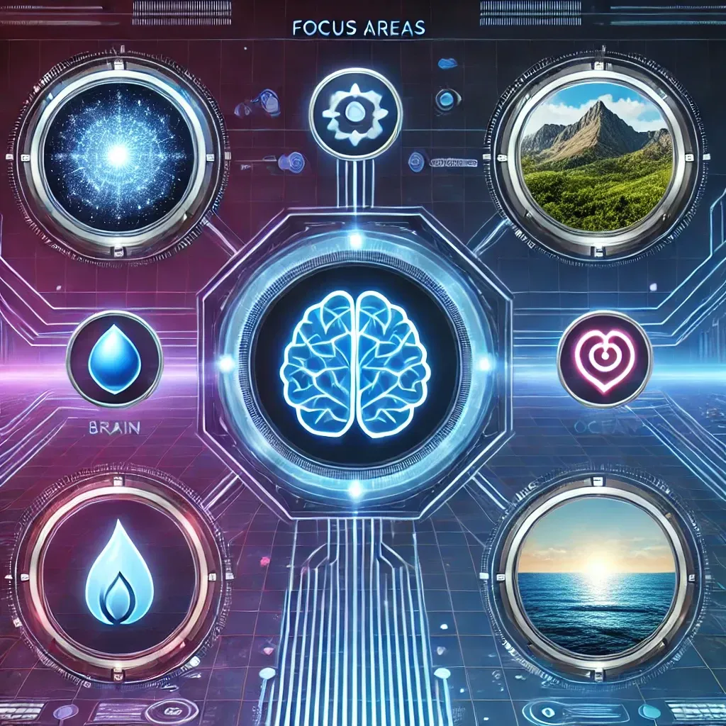Futuristic brain at the center with four glowing options in each corner, representing personalized focus areas for subconscious reprogramming and transformation.