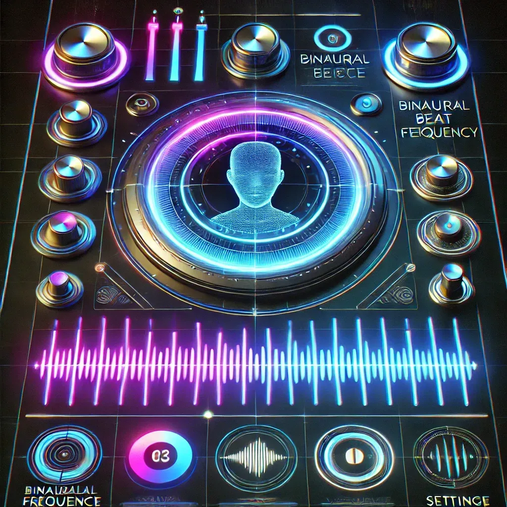 Futuristic audio console with a glowing holographic human figure, symbolizing AI-driven customization of personalized affirmation and meditation tracks.