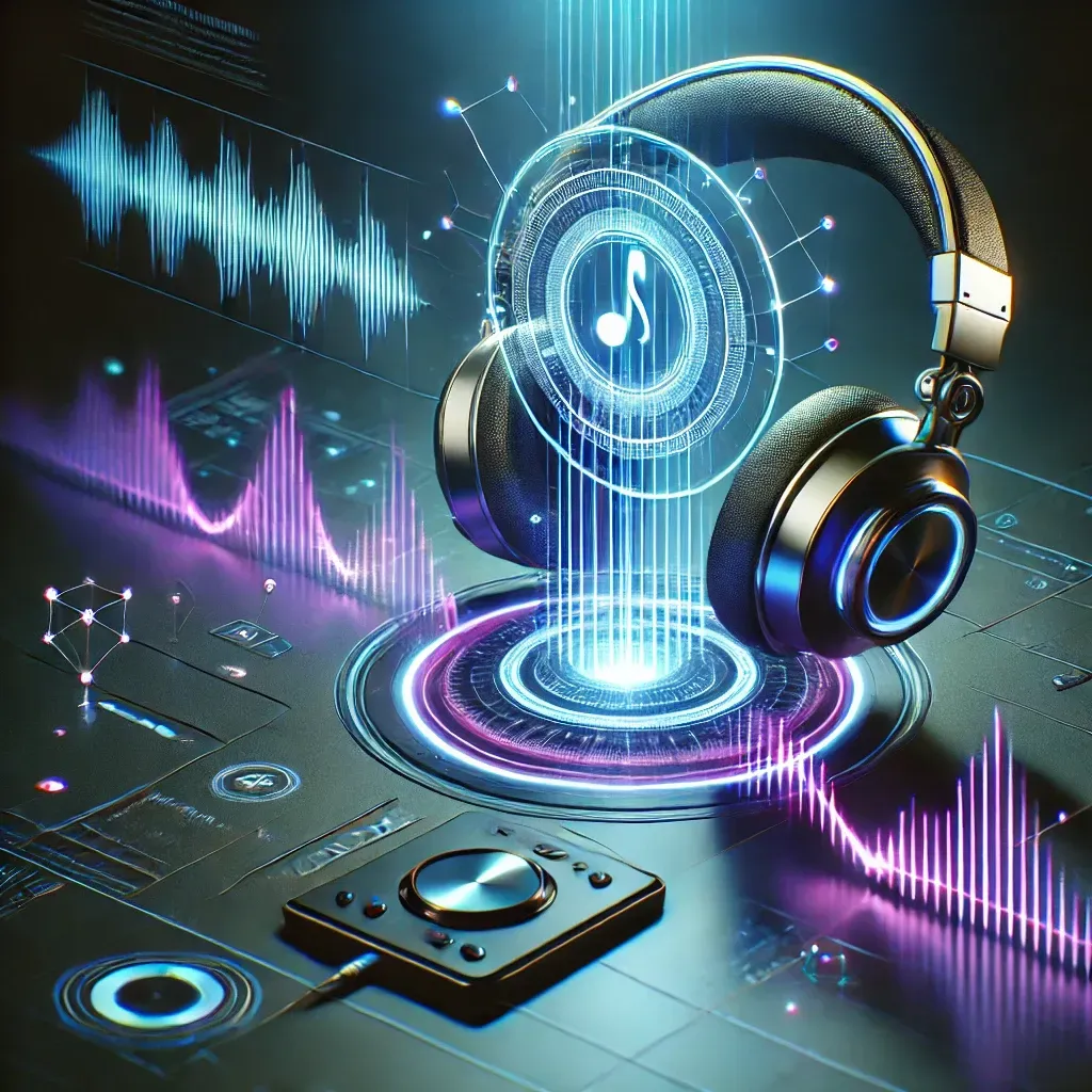 Futuristic headphones hovering above a glowing audio console with dynamic waveforms, symbolizing the seamless delivery of personalized AI-generated audio tracks.
