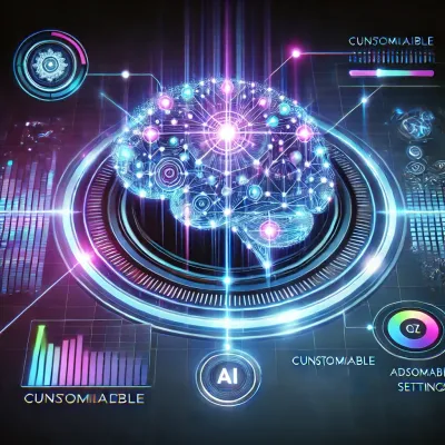 Futuristic glowing brain hovering above an advanced digital console, symbolizing AI-driven customization for personalized affirmation and meditation tracks.