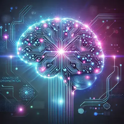 Futuristic brain composed of glowing circuit boards, symbolizing the fusion of neuroscience and technology for subconscious reprogramming and cognitive enhancement.