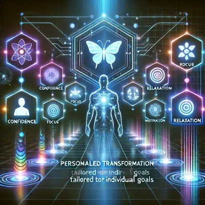 Futuristic silhouette of a person outlined in glowing light, walking down an illuminated hallway, symbolizing a personalized journey toward transformation and self-improvement.