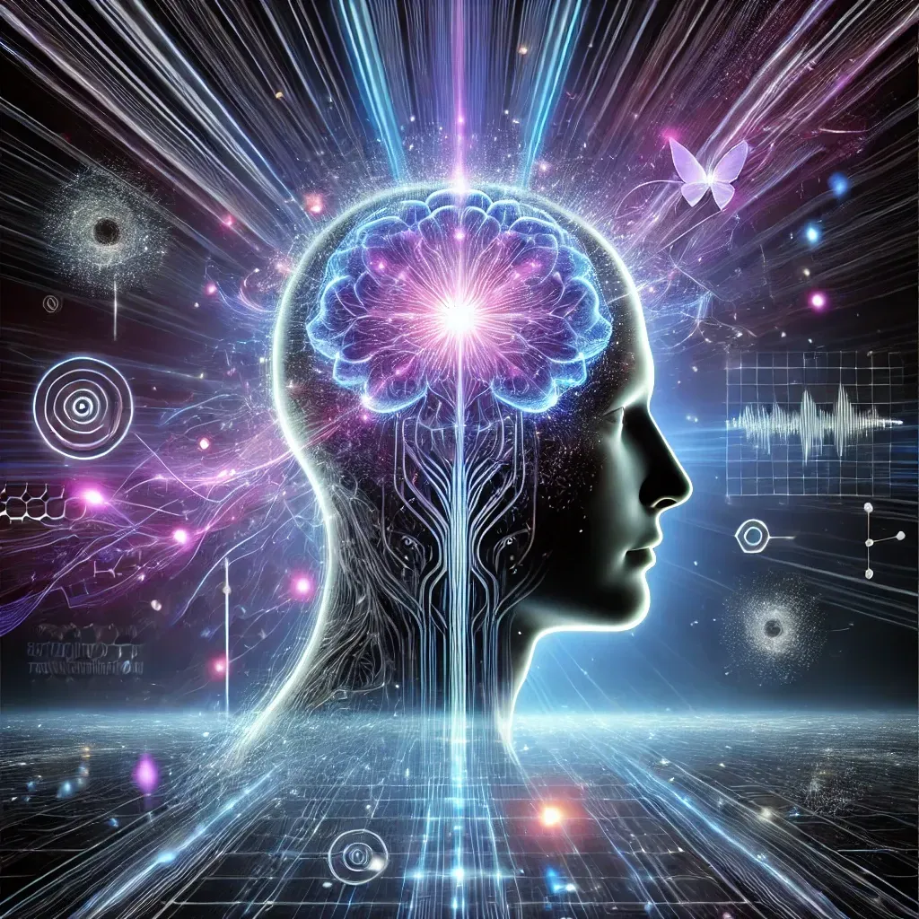 Futuristic image of a person with a glowing brain unfolding like a flower, symbolizing mental growth, transformation, and the power of subconscious reprogramming.