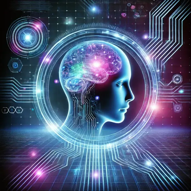 Futuristic human head with a glowing, AI-enhanced brain, symbolizing advanced artificial intelligence creating personalized affirmation and meditation tracks.