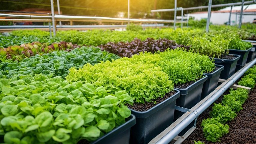 Vibrant plants in a greenhouse using aquaponic media beds.