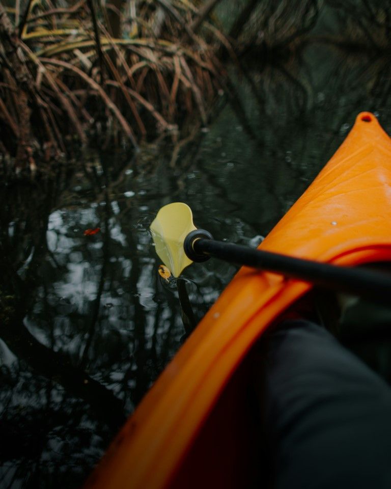 An orange kayak being paddled by a person in the water