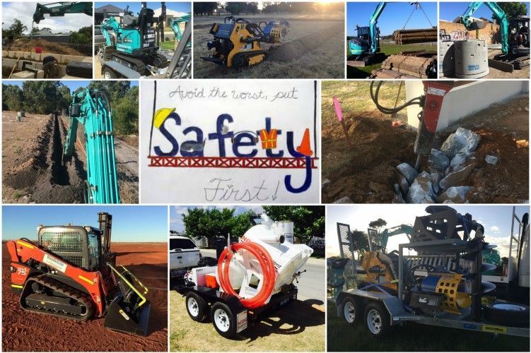 A collage of pictures of construction machinery with a sign that says safety first