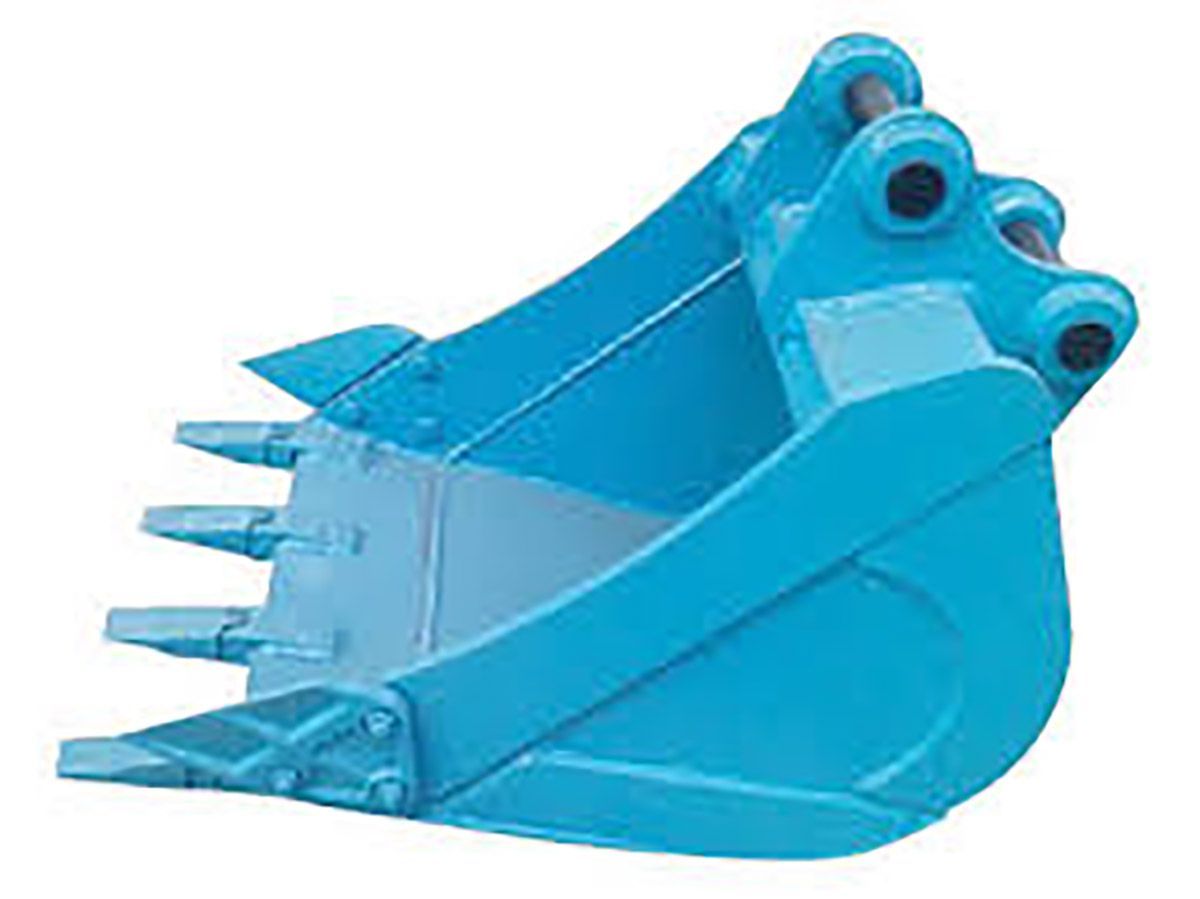 A blue excavator bucket with teeth on a white background.