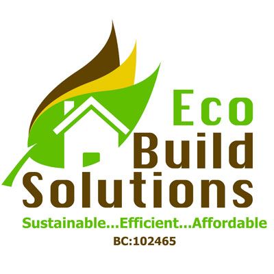 A logo for eco build solutions shows a house and a leaf