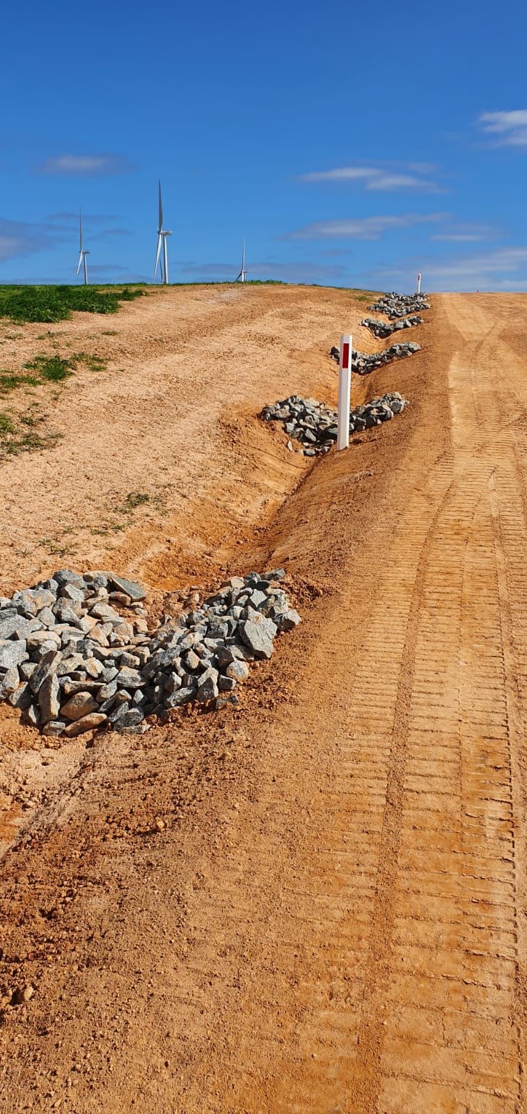 A dirt road going through a field with rocks on the side.
